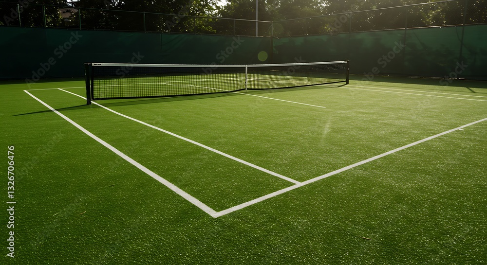 Fototapeta premium Empty Tennis Court with Green Surface and Net Ready for Game
