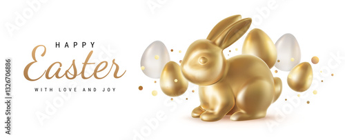Vector holiday illustration with realistic shine golden bunny and egg with word Happy Easter. 3d cartoon style template design with golden rabbit and egg for holiday easter hunt banner