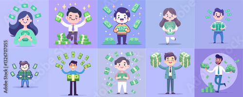illustration of people with a lot of money on purple background 