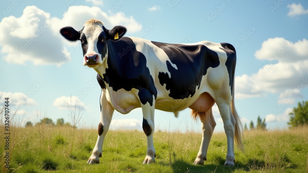 A Holstein bull standing in a grassy field under a blue sky with scattered clouds. A Holstein bull standing in a grassy field under a blue sky with scattered clouds.