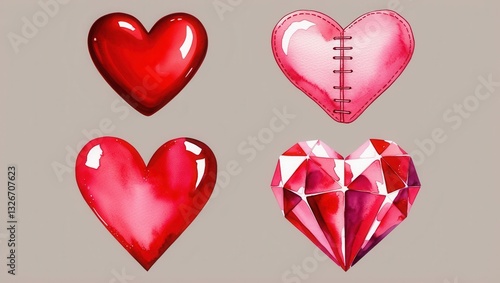 Watercolor Hearts Collection Red Pink Shiny Stitched and Gemstone Designs