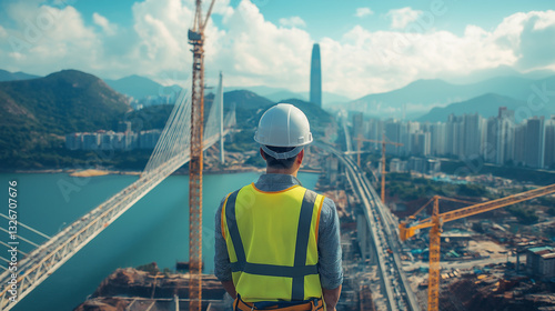 A visionary civil engineer standing proudly in front of a futuristic skyscraper under construction, symbolizing excellence in engineering.