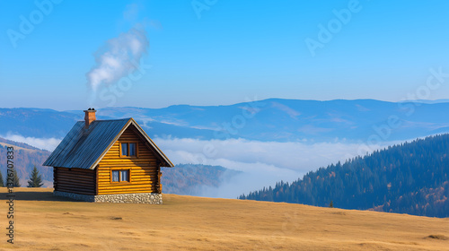 A cozy wooden cabin with smoke billowing from the chimney, set against a backdrop of rolling hills and a clear blue sky.