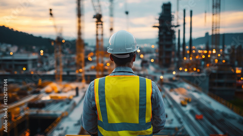 A visionary civil engineer standing proudly in front of a futuristic skyscraper under construction, symbolizing excellence in engineering.