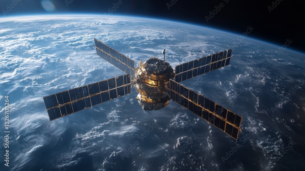 Obraz premium A satellite orbits Earth, equipped with solar panels, transmitting telemetry and positioning signals for global navigation and tracking applications.
