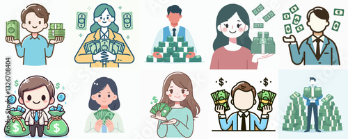 cartoon illustration of people with a lot of money. success, rich, finance.