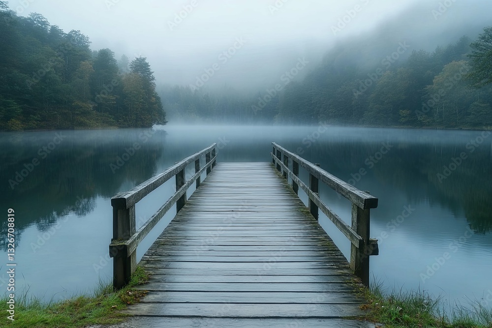 Fototapeta premium A wooden pier extends out over a misty mountain lake setting