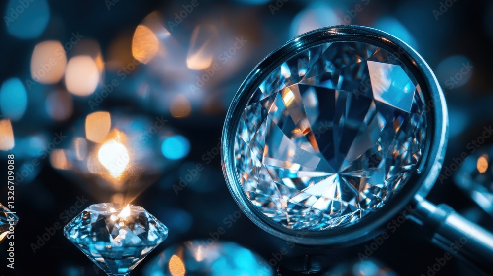 A macro shot of a diamond under a jewelers loupe showing intricate facets and clarity