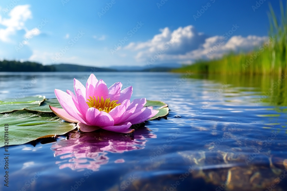 a pink lotus flower floating on water, symbolizing peace and enligh a pink lotus flower floating on water, symbolizing peace and enligh