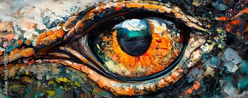 Impasto painting depicting a saurian eye reflecting a cloudy sky