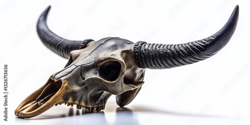 Fototapeta premium Diabolic Cow Skull: Miniature Tilt-Shift Evil Bovine Cranium with Long Horns