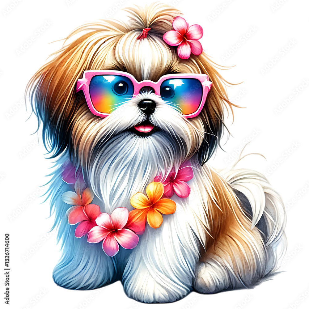 Naklejka premium Adorable Shih Tzu wearing pink sunglasses and a floral lei, radiating summer vibes. This cute illustration captures a tropical vacation mood with its stylish and playful details.