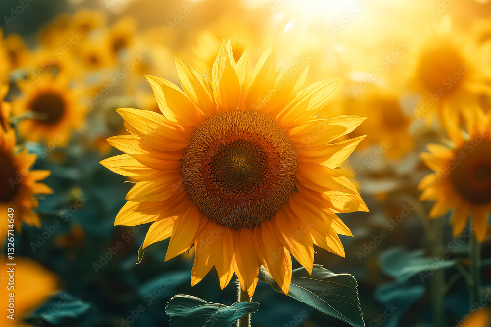 Obraz premium Single yellow sunflower is the center of a field of yellow flowers. The sunflower is surrounded by other flowers, creating a vibrant and cheerful scene. Concept of warmth and happiness