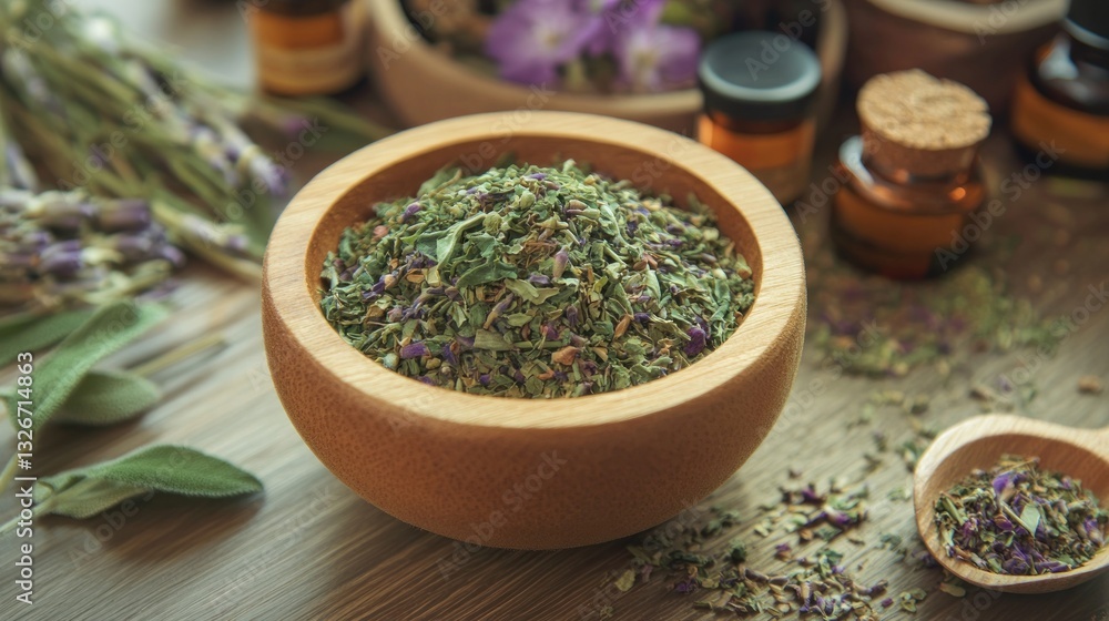 Dried herbs in wooden bowl, apothecary setting Dried herbs in wooden bowl, apothecary setting