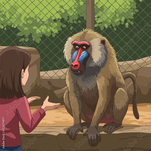 Woman Interacting with Primate at Enclosure with Green Leafy Background