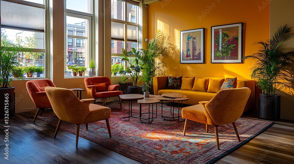 Fototapeta premium Stylish Waiting Room with Cozy Seating Area and Natural Light