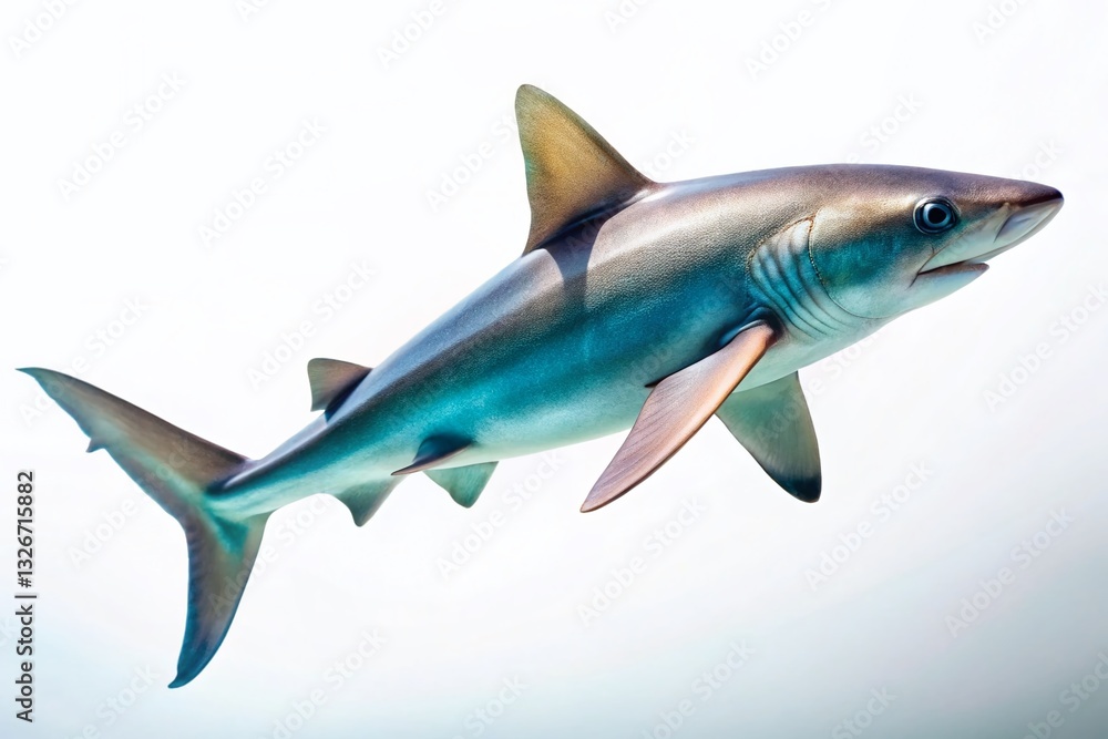 Fototapeta premium Dogfish Shark: Graceful Swim, Streamlined Body, Dorsal Fin, White Background, Tilt-Shift Photography