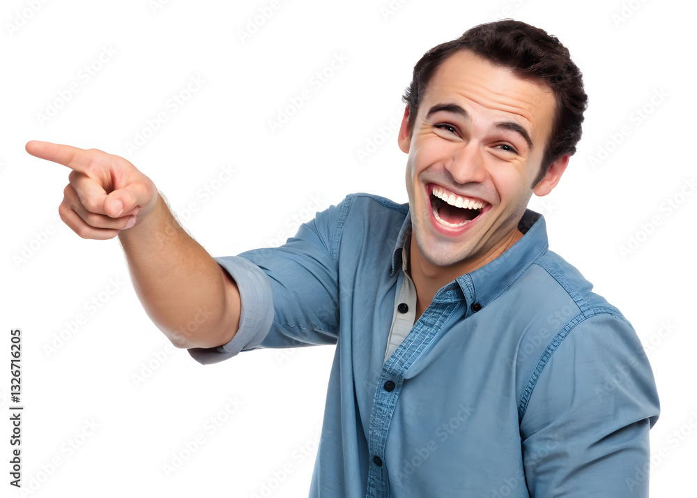 cheerful man in blue shirt laughing and pointing playfully to side. humor laughter cheerful man in blue shirt laughing and pointing playfully to side. humor laughter