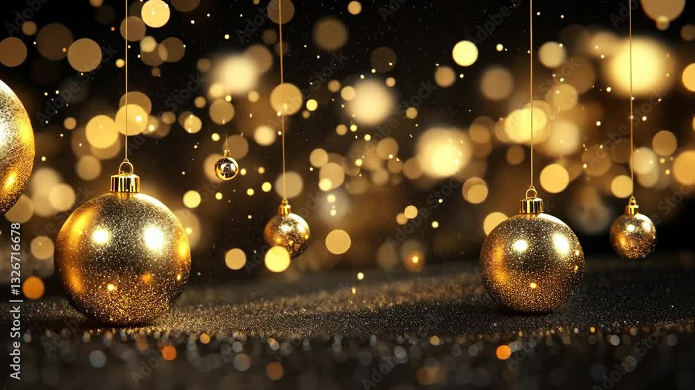 Glittering gold ornaments sway amidst sparkling bokeh lights on shimmering surface Glittering gold ornaments sway amidst sparkling bokeh lights on shimmering surface
