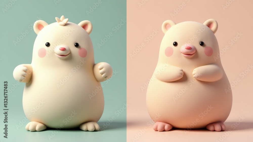 Two cute, chubby bear-like characters with pink cheeks and small ears, one with a small tuft of hair on a pastel background. Two cute, chubby bear-like characters with pink cheeks and small ears, one with a small tuft of hair on a pastel background.