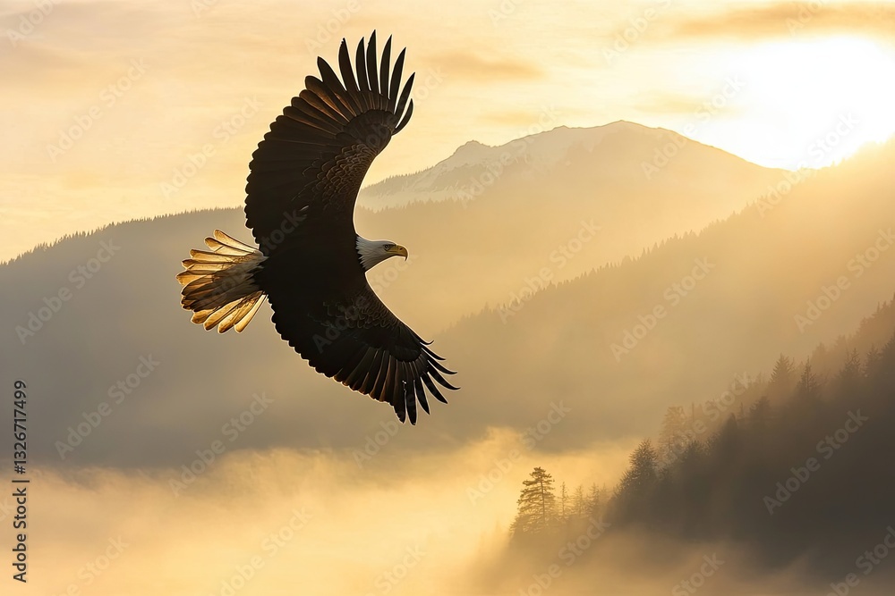 Obraz premium A bald eagle soaring over a misty mountain range at sunrise