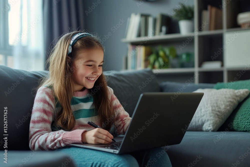 Naklejka premium Happy Girl Studying Online Using Laptop at Home Smiling Child Learning Education Technology Kid Teen