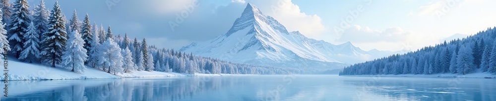 Snowy peak with dense forest in the background, frozen lake, trees Snowy peak with dense forest in the background, frozen lake, trees