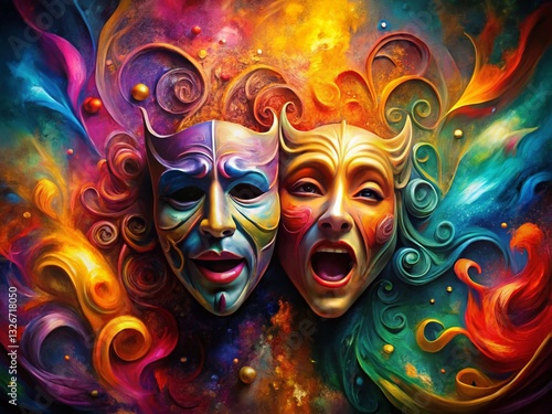 Wallpaper Mural Double Exposure: Colorful Drama Masks, Theatrical Art, Abstract Photography Torontodigital.ca