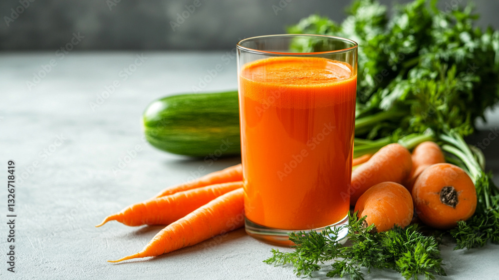 A vibrant glass of freshly squeezed carrot juice sits on a kitchen countertop surrounded by fresh carrots and greens A vibrant glass of freshly squeezed carrot juice sits on a kitchen countertop surrounded by fresh carrots and greens