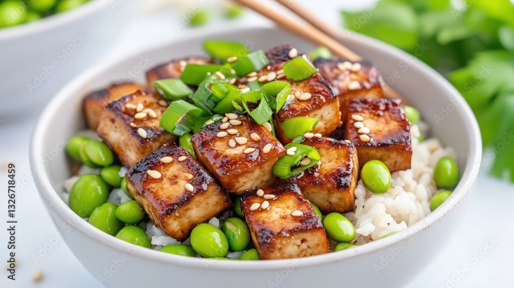 A delicious bowl of tofu served with edamame and rice, garnished with green onions and sesame seeds. A delicious bowl of tofu served with edamame and rice, garnished with green onions and sesame seeds.