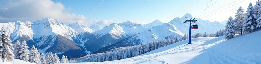 Snowy mountain landscape with ski lift in the distance, mountains, cold weather, powder snow Snowy mountain landscape with ski lift in the distance, mountains, cold weather, powder snow