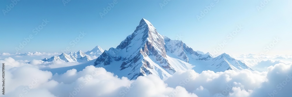 Obraz premium Snowy mountain peak rises high in the sky, soft white clouds surround, landscape, snow