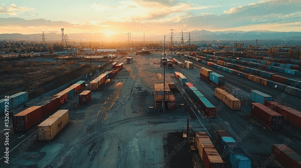 A panoramic view of a shipping yard at sunset, showcasing rows of colorful containers against a backdrop of a vibrant sky. A panoramic view of a shipping yard at sunset, showcasing rows of colorful containers against a backdrop of a vibrant sky.