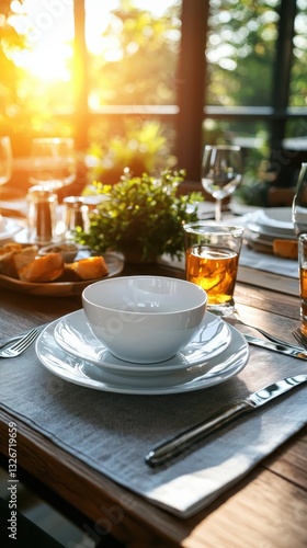 Wallpaper Mural Rustic linen dinnerware set on a charming wooden table warm golden hour light closeup to enhance textures Torontodigital.ca