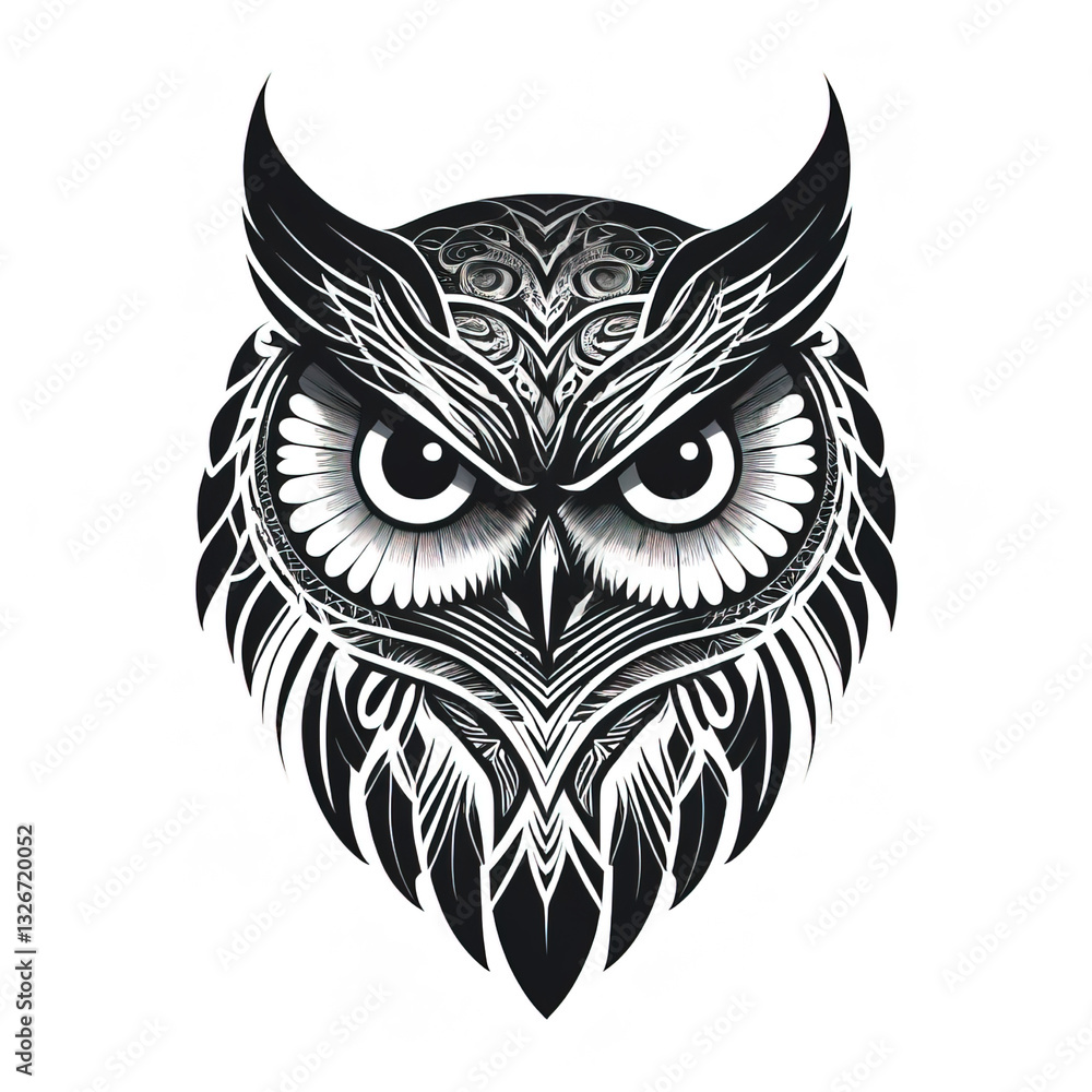 Obraz premium Intense Owl Head Tattoo with Sharp Gaze in Black and White Ink. Ai Generative