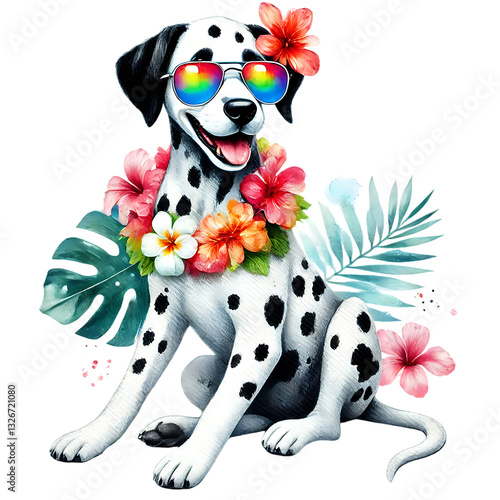 Adorable Dalmatian puppy with spotted fur, wearing rainbow sunglasses and a vibrant floral lei, radiating summer holiday vibes. A cheerful and stylish tropical-themed illustration.