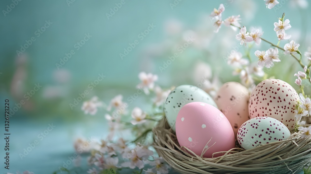 Fototapeta premium Easter eggs with spring flowers celebrating the holiday