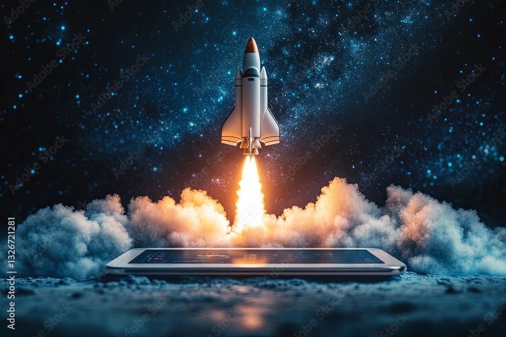 Fototapeta premium A Rocket Launching From Above A Digital Tablet Displaying Data