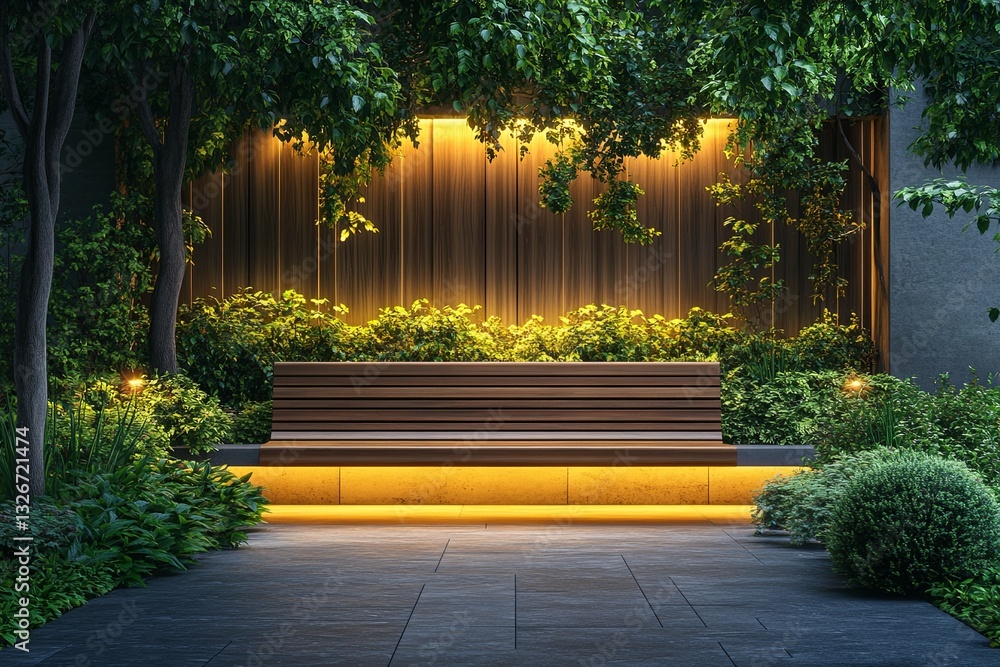 Fototapeta premium Wooden Bench Surrounded By Lush Greenery And Illuminated In The Evening