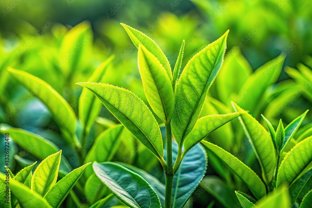 Isolated green tea leaves, ideal for design projects, highly detailed.