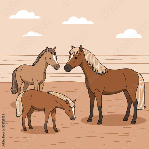 Illustration of Horses Standing in an Enclosed Paddock with Clouds
