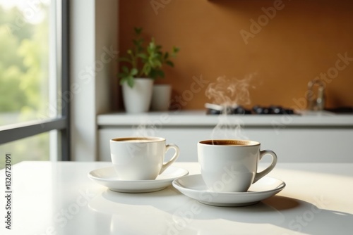 Wallpaper Mural Two steaming cups of coffee on a bright kitchen table near a window Torontodigital.ca