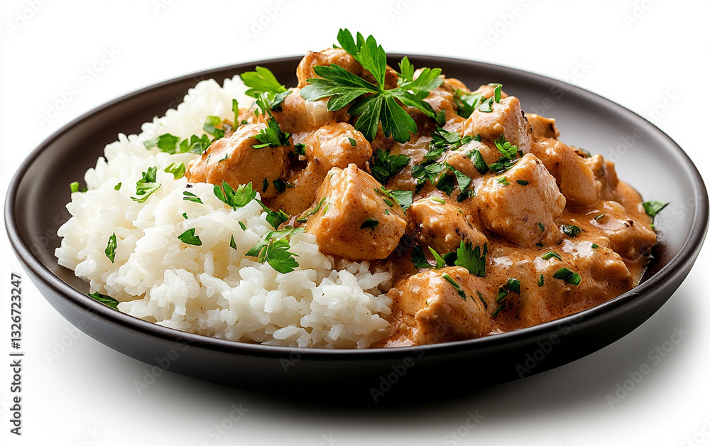 a plate of chicken stroganoff with rice and cheese, against a white background, with no shadows, in a plate of chicken stroganoff with rice and cheese, against a white background, with no shadows, in