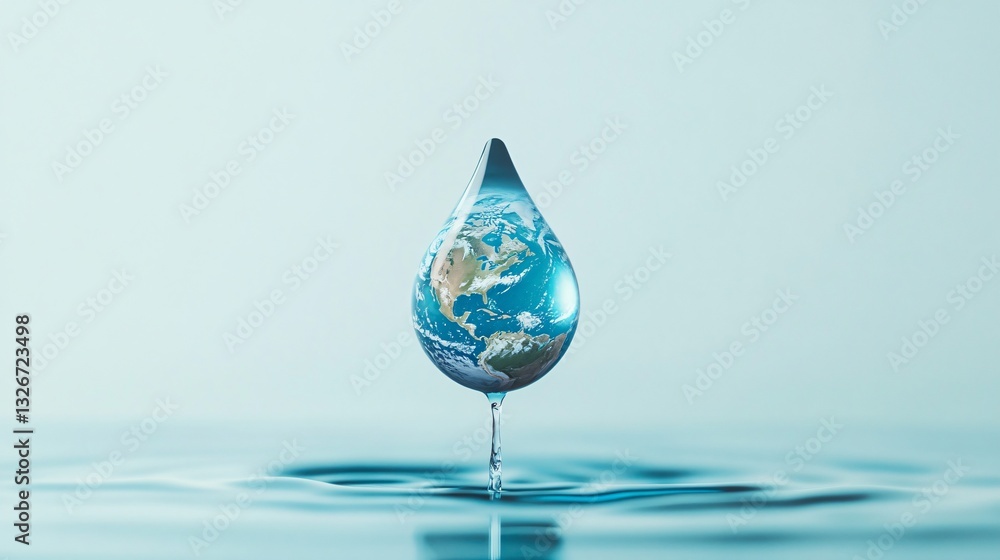 Fototapeta premium The Earth in a Drop: A striking visual of planet earth captured within a single water droplet, a potent symbol of environmental protection and the interconnectedness of our world.