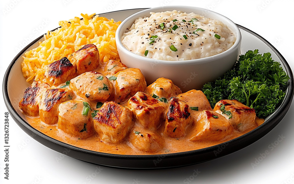 a plate of chicken stroganoff with rice and cheese on a plate of chicken stroganoff with rice and cheese on