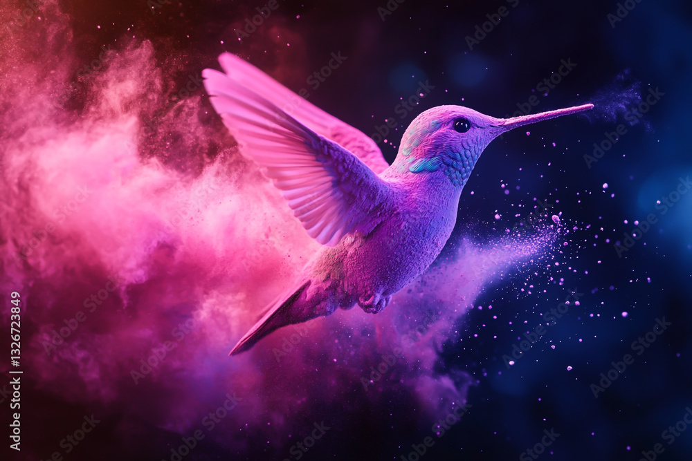 Fototapeta premium A hummingbird made of pink and purple powder, flying in the air and surrounded by colorful dust particles
