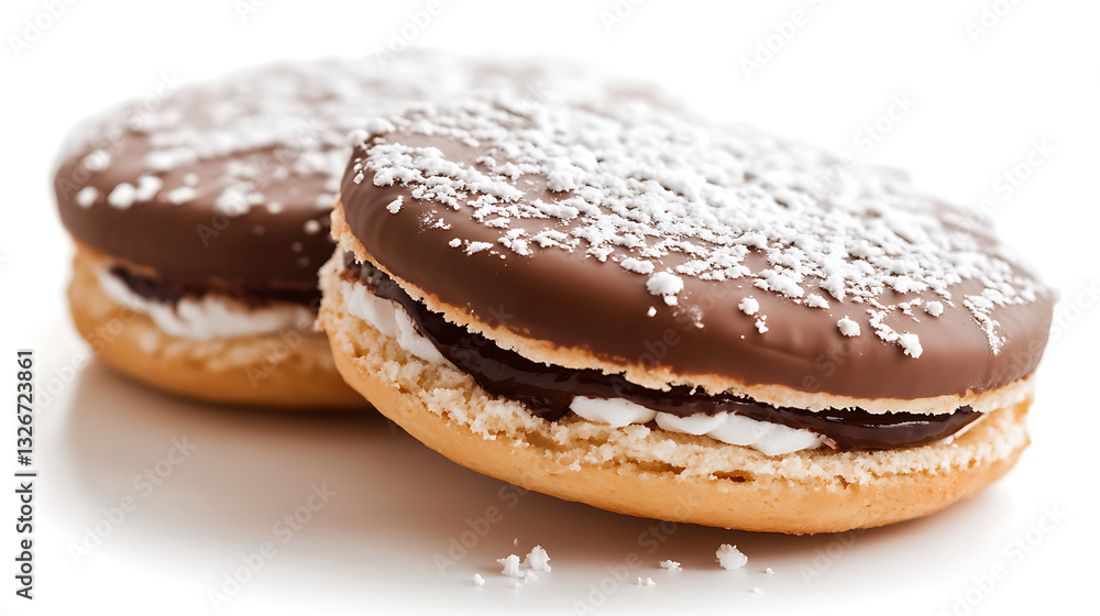 Chocolate covered alfajores with dusting of powdered sugar, filled with dulce de leche and cream, isolated on white background. These traditional Latin American treats have soft, crumbly texture Chocolate covered alfajores with dusting of powdered sugar, filled with dulce de leche and cream, isolated on white background. These traditional Latin American treats have soft, crumbly texture