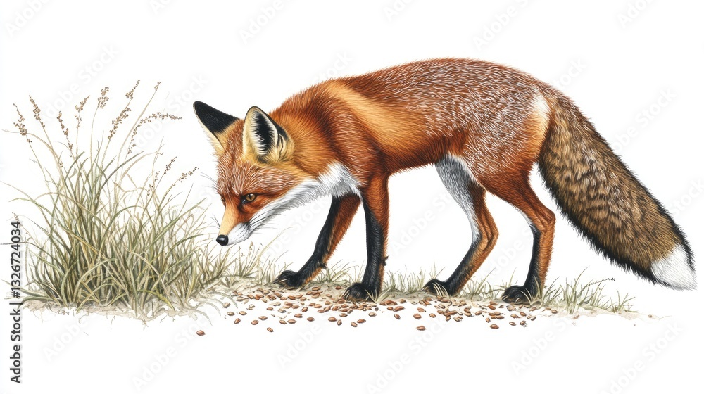 Fototapeta premium A red fox sniffing at scattered seeds on a grassy patch in the wilderness
