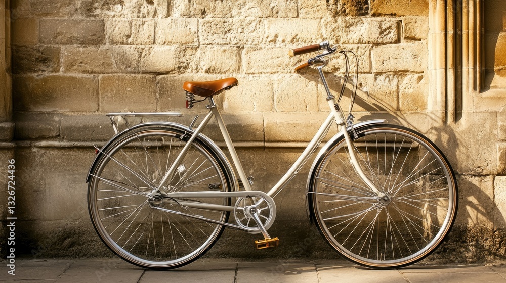 A retro sightseeing bike with a brown leather seat resting against a stone wall A retro sightseeing bike with a brown leather seat resting against a stone wall
