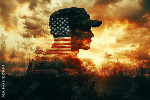 Double exposure image featuring an American soldier blended with the U.S. flag, symbolizing patriotism, service, and sacrifice. copy space